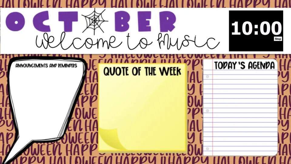October music welcome slide: Announcements and Reminders, Quote of the Week, Today's Agenda, and 10:00 timer.