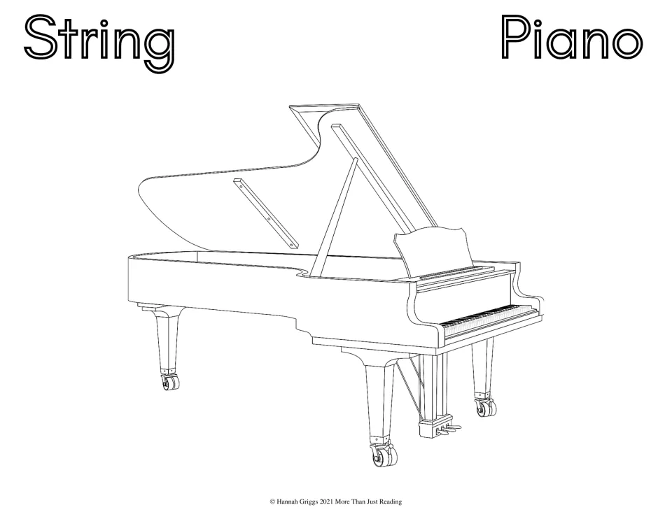 Piano, String family: students color a line drawing of an open grand piano with its lid propped up and pedals below