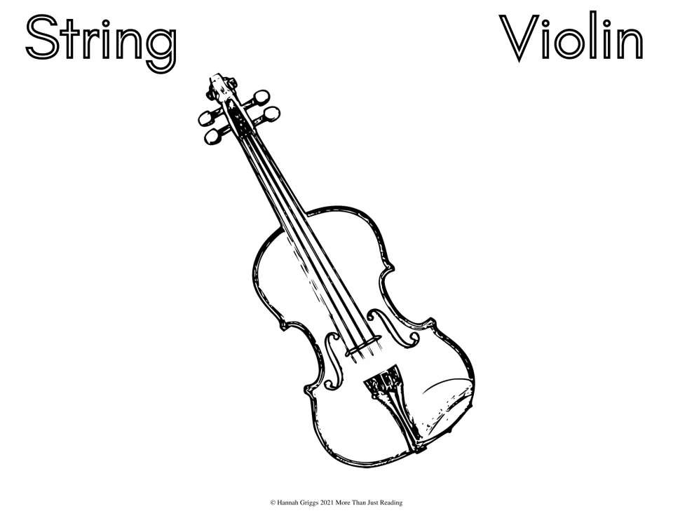 Violin, String family: students color a line drawing of a violin showing its scroll, tuning pegs, strings and f-holes