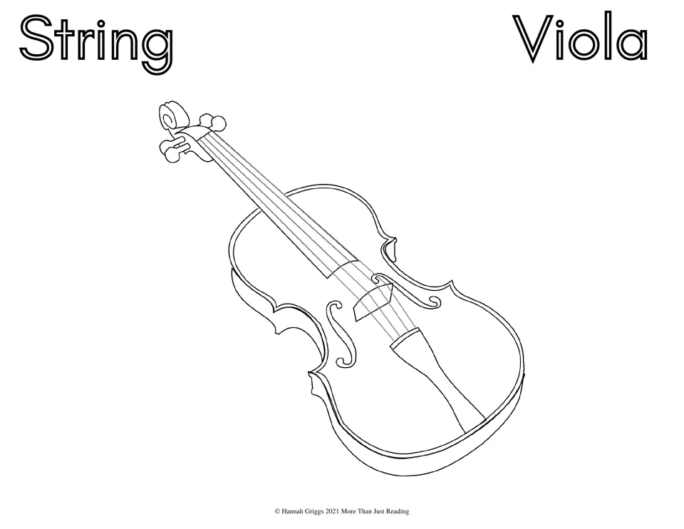 Viola, String family: students color a line outline of a viola showing its tuning pegs, four strings, bridge and f-holes
