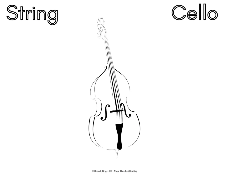 Cello, String family: students color a line drawing of a tall upright bowed instrument with f-holes and a tailpiece