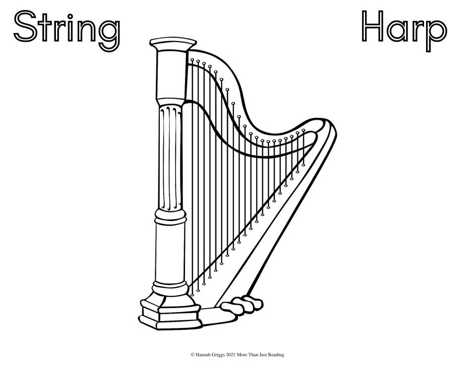 Harp, String family: students color a line drawing of a pedal harp with its column, curved neck and many strings