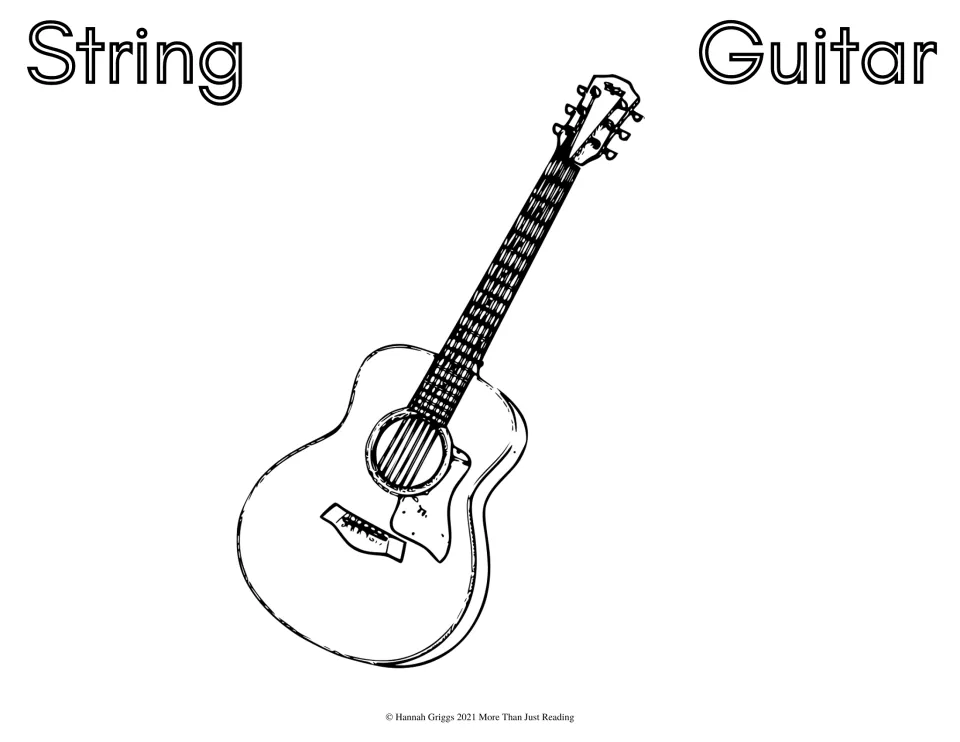 Guitar, String family: students color a line drawing of an acoustic guitar showing its fretboard, sound hole and bridge