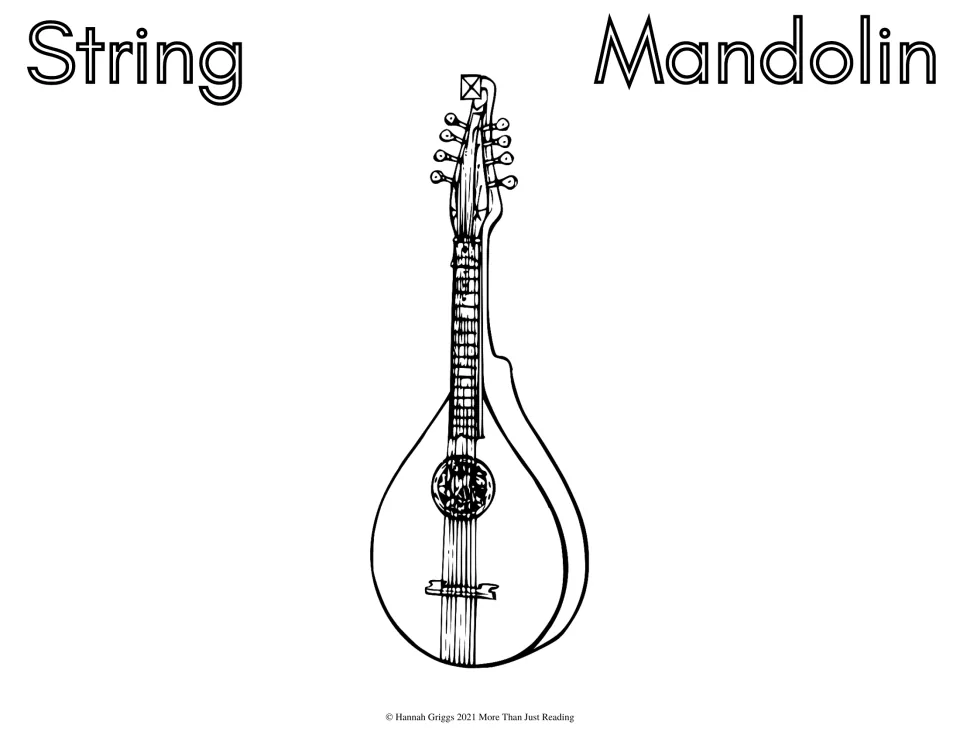 Mandolin, String family: students color a line drawing of a pear-shaped mandolin with a fretted neck and round sound hole