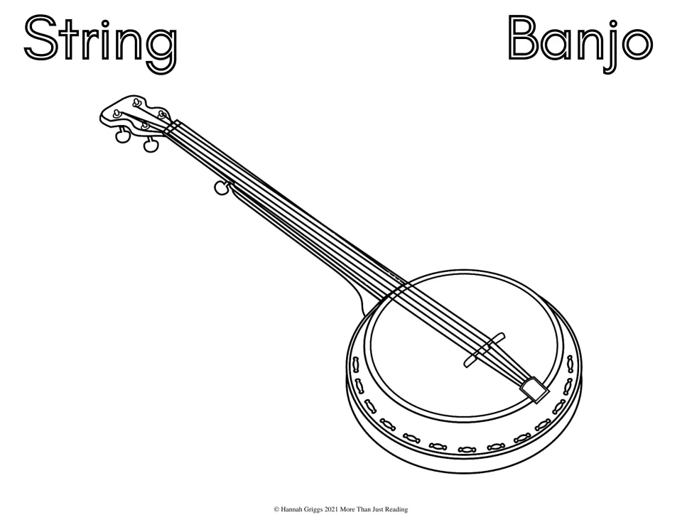 Banjo, String family: students color a line drawing of a banjo with its round drum body, long neck and tuning pegs