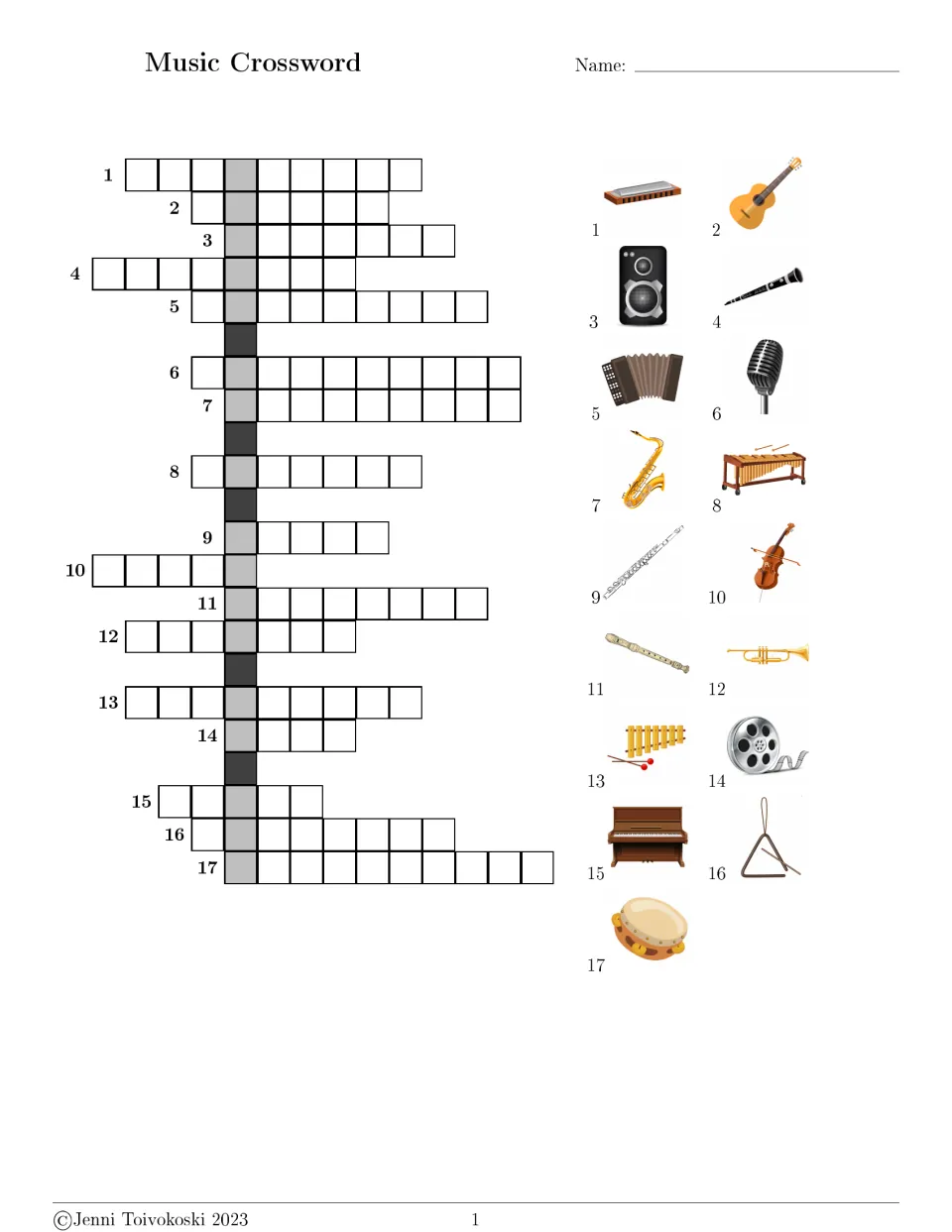 Music crossword: students name 17 pictured items such as harmonica, guitar and piano and spell each in the puzzle