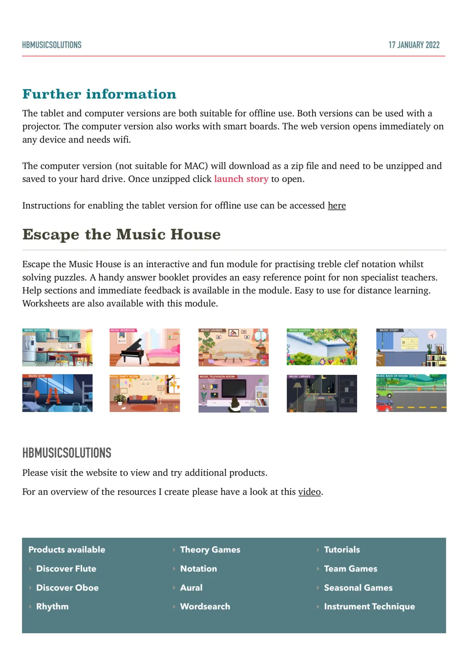 Setup notes for offline, projector and smart board use, a module summary and thumbnails of rooms like Music Kitchen and Gym