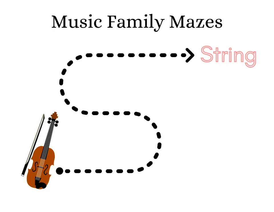 Music Family Mazes cover: a dotted arrow path leads from a violin to the word String