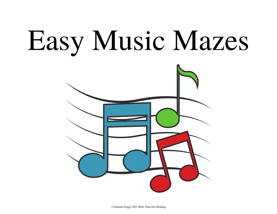 Easy Music Mazes section title above colorful music notes on a curved music staff