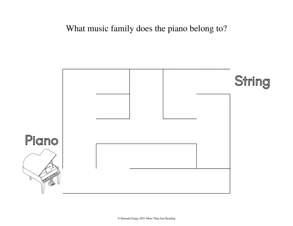 Piano maze: students trace a path from a grand piano to the word String to answer what music family the piano belongs to