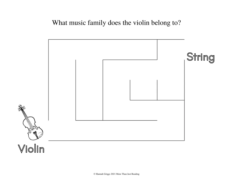 Violin maze: students draw a route from the violin to String, answering which instrument family the violin is part of