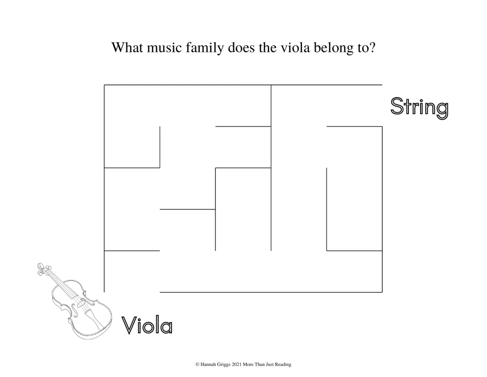 Viola maze: students find the way from a viola to the word String to name the music family of the viola