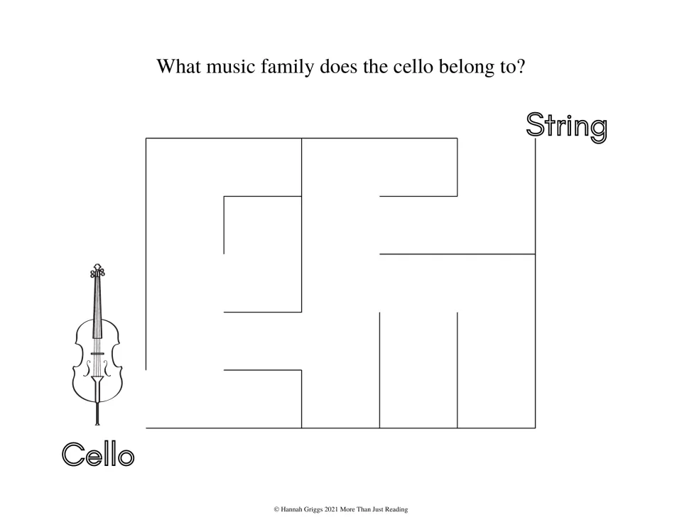 Cello maze: students solve the path from an upright cello to String, identifying the instrument family of the cello