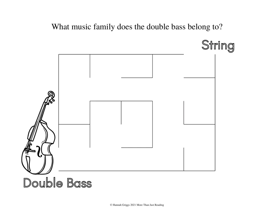 Double bass maze: students trace from the double bass to the word String to show which music family it belongs to