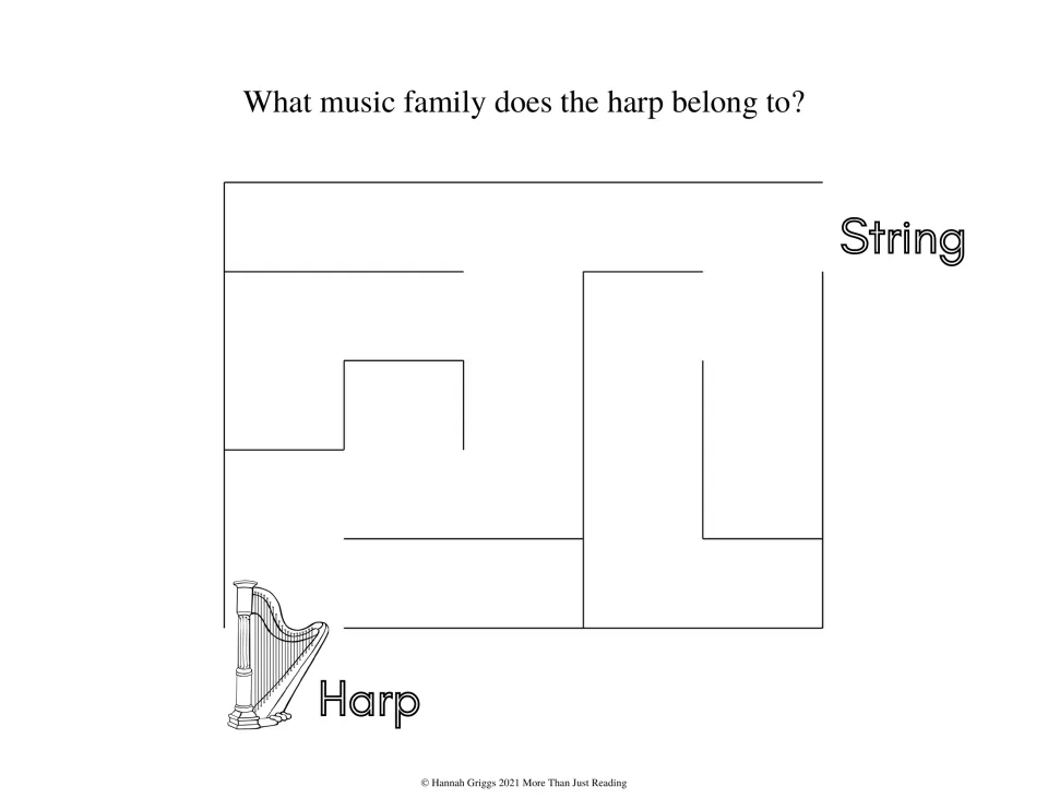 Harp maze: students follow a route from the harp up to String to answer which instrument family the harp is in