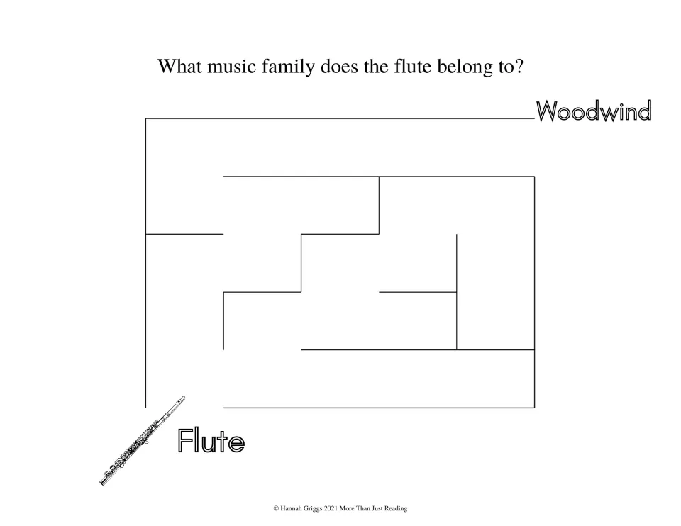 Flute maze: students trace a path from the flute to the word Woodwind to name the music family the flute belongs to
