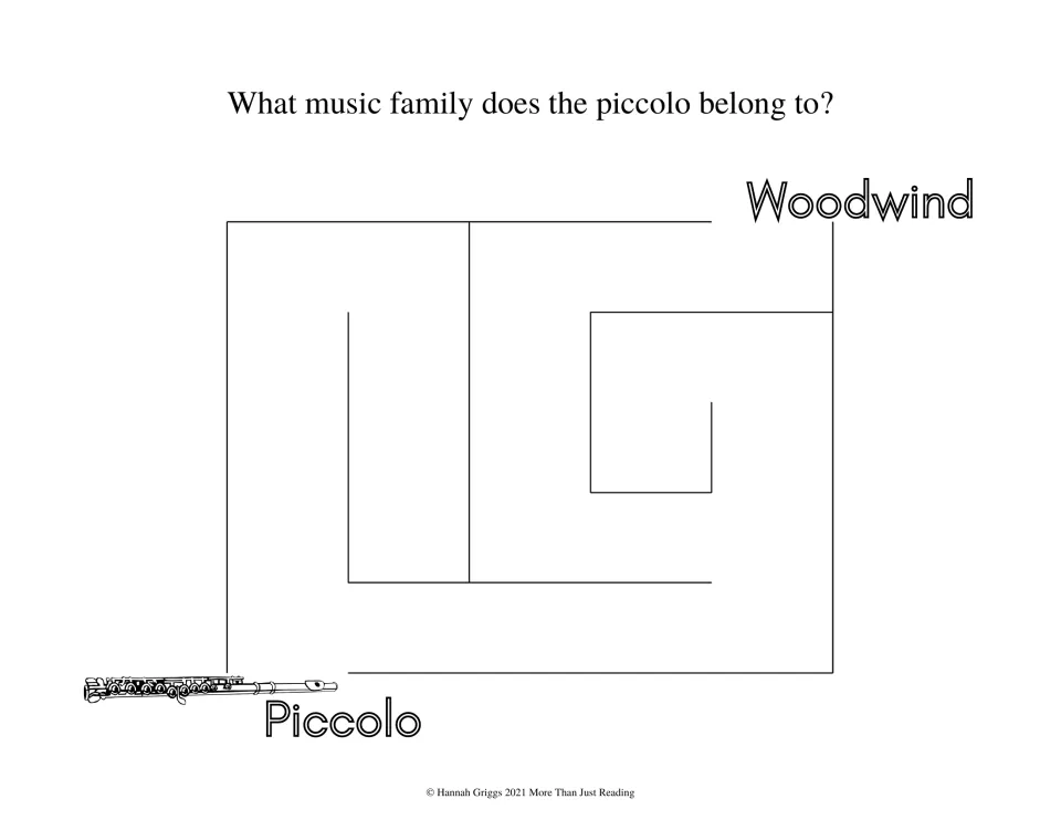 Piccolo maze: students find the route from a piccolo to Woodwind, identifying which instrument family the piccolo is in