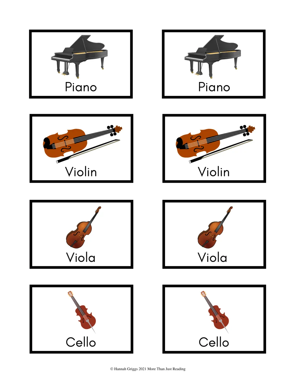 Color music matching cards 1–8 show four picture-and-name pairs: piano, violin, viola, and cello