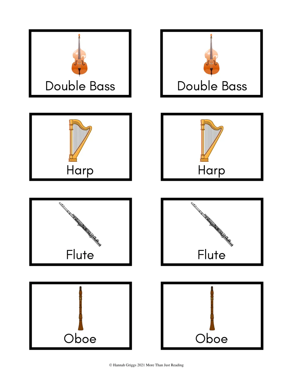 Color music matching cards 9–16 show four picture-and-name pairs: double bass, harp, flute, and oboe