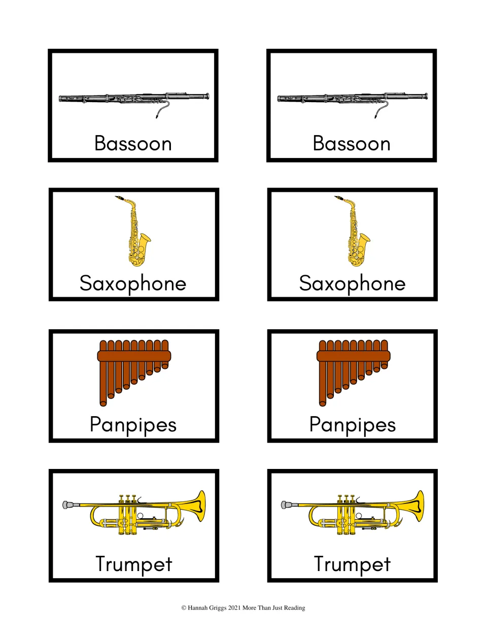 Color music matching cards 17–24 show picture-and-name pairs for bassoon, saxophone, panpipes, and trumpet