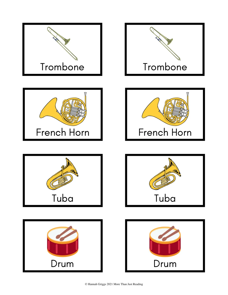Color music matching cards 25–32 show picture-and-name pairs for trombone, French horn, tuba, and drum