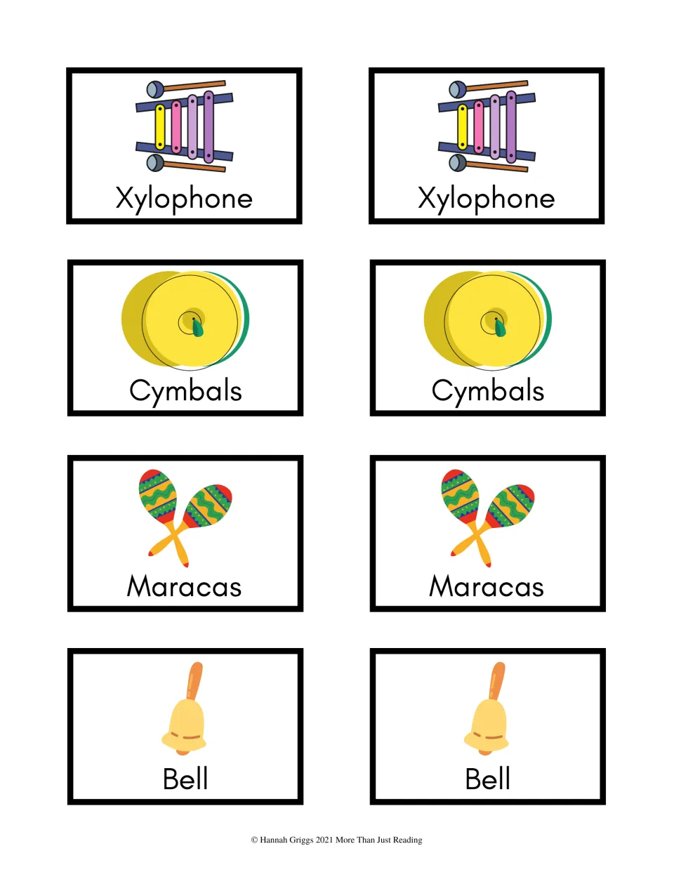 Color music matching cards 33–40 show picture-and-name pairs for xylophone, cymbals, maracas, and bell