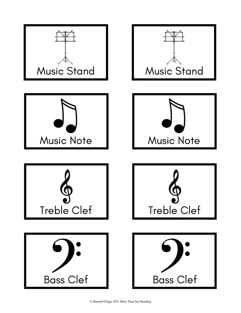 Color music matching cards 41–48 show paired pictures labeled Music Stand, Music Note, Treble Clef, and Bass Clef