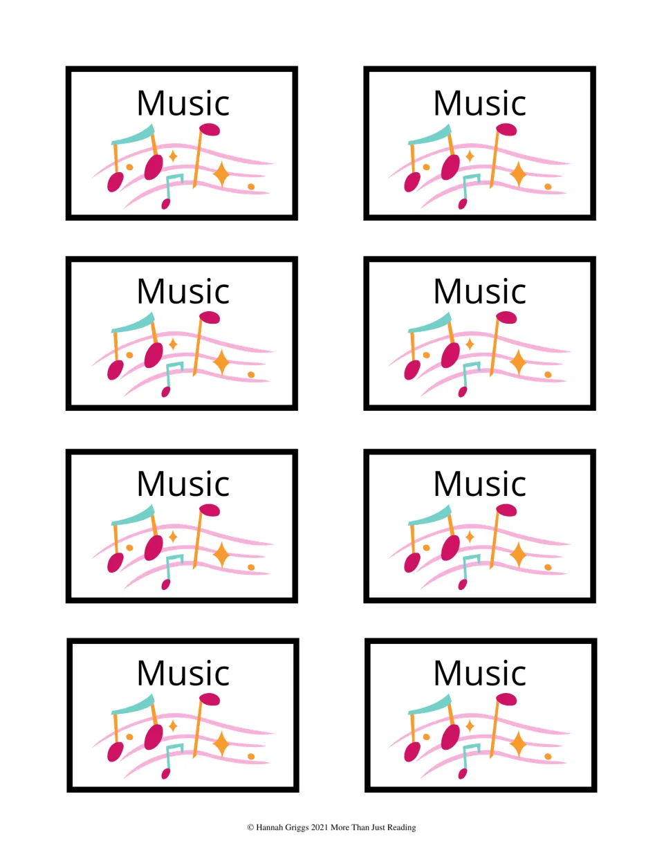 Eight identical card backs labeled Music for printing on the reverse of the color music matching cards