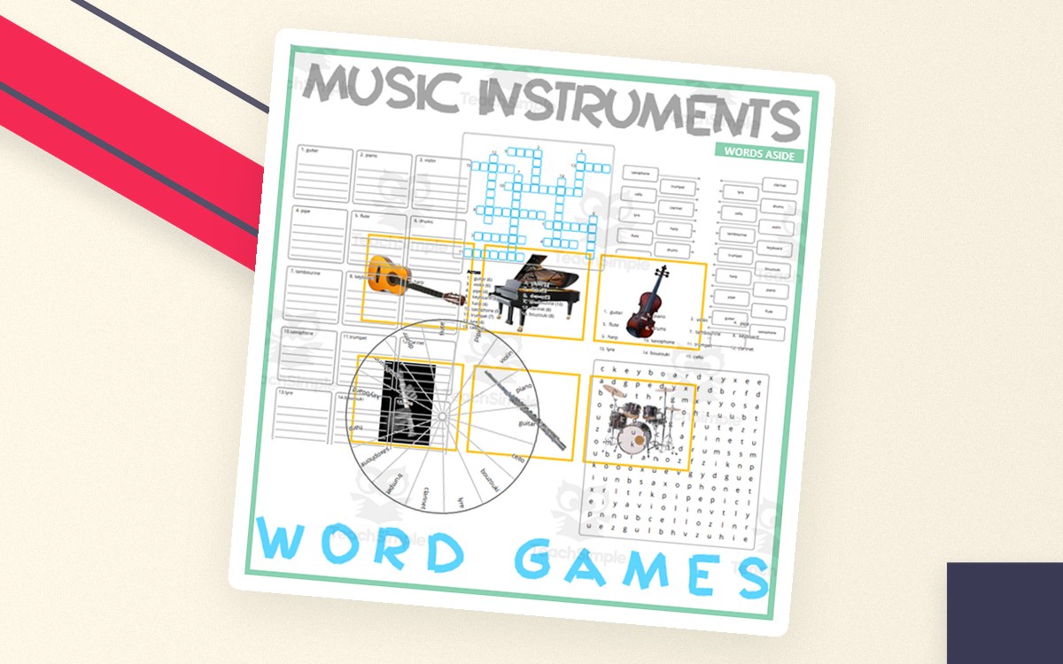 MUSIC INSTRUMENTS: Word Games with Puzzles Crossword Wordsearch teaching resource preview