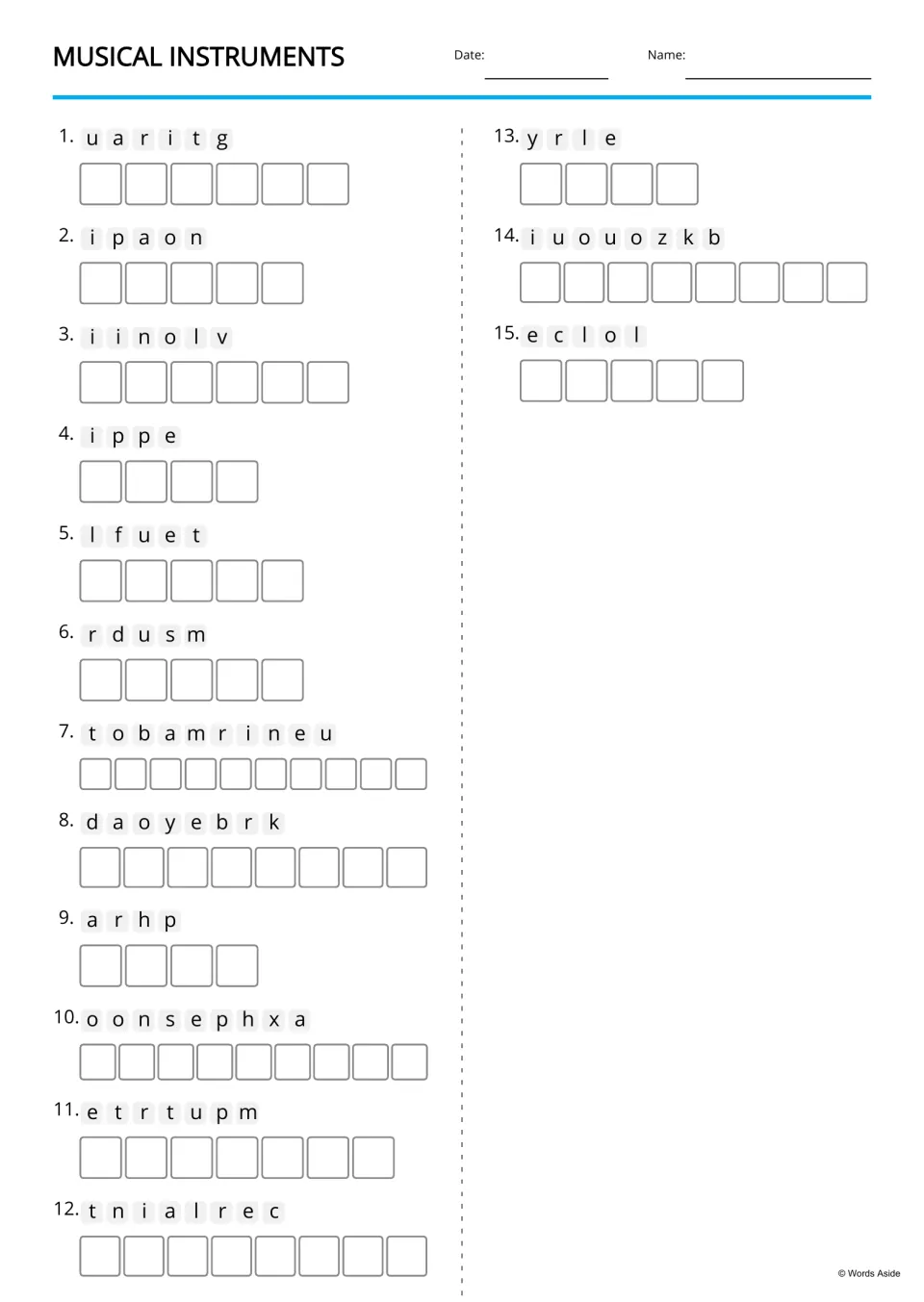 Jumbled instrument names: students unscramble 15 words, from guitar to cello, writing one letter per space