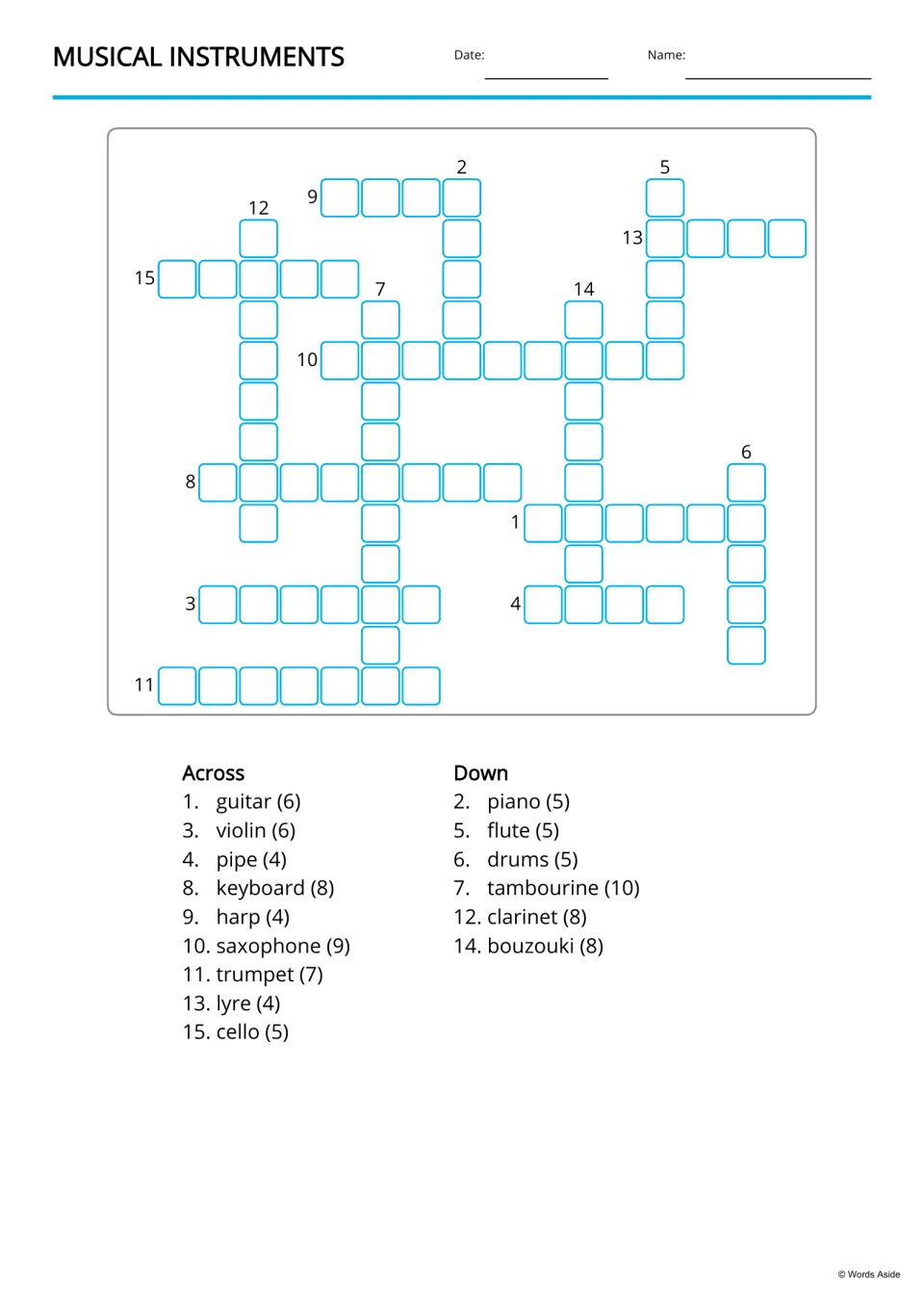 Crossword of 15 instrument names: students place words like saxophone and bouzouki using Across and Down lists