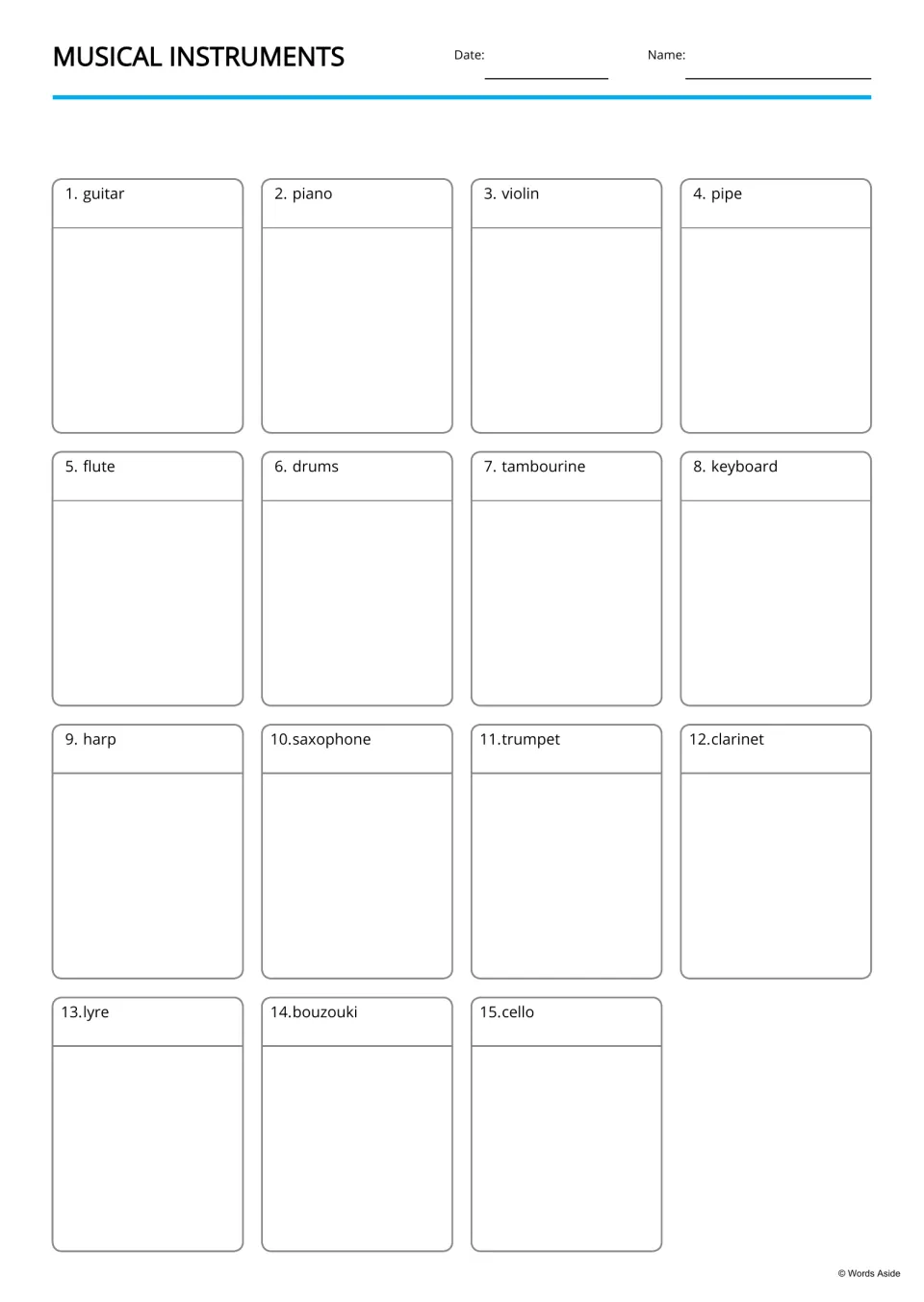 Draw-and-label cards: students sketch each of 15 instruments, such as harp and trumpet, under its numbered name