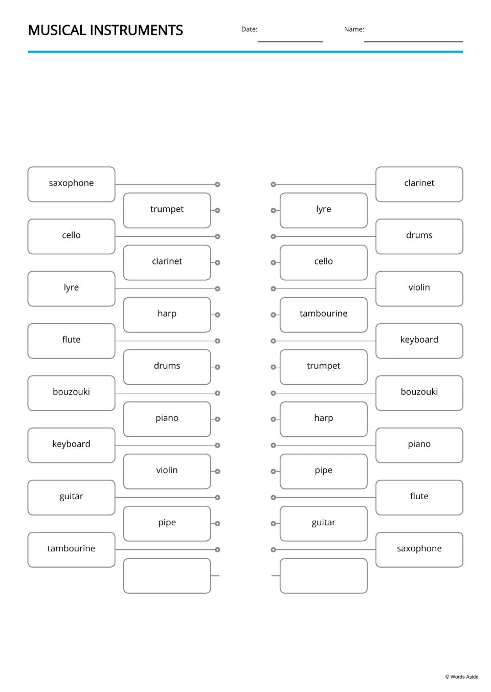 Word matching: students connect each instrument name, such as saxophone or lyre, to the same word on the facing side