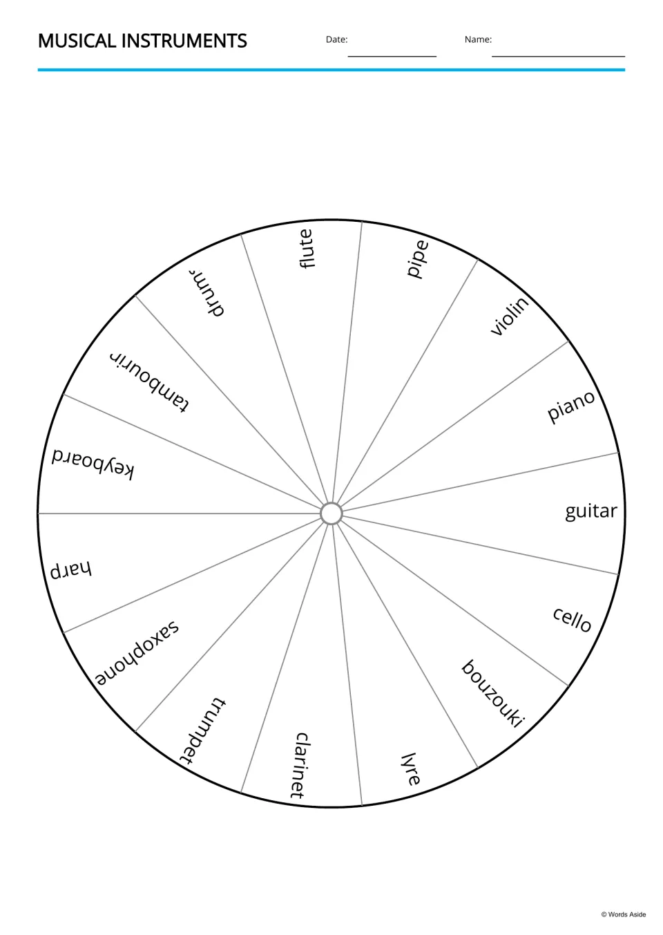 Word wheel naming 15 instruments, from flute and pipe to lyre and clarinet, each written in its own slice around the circle