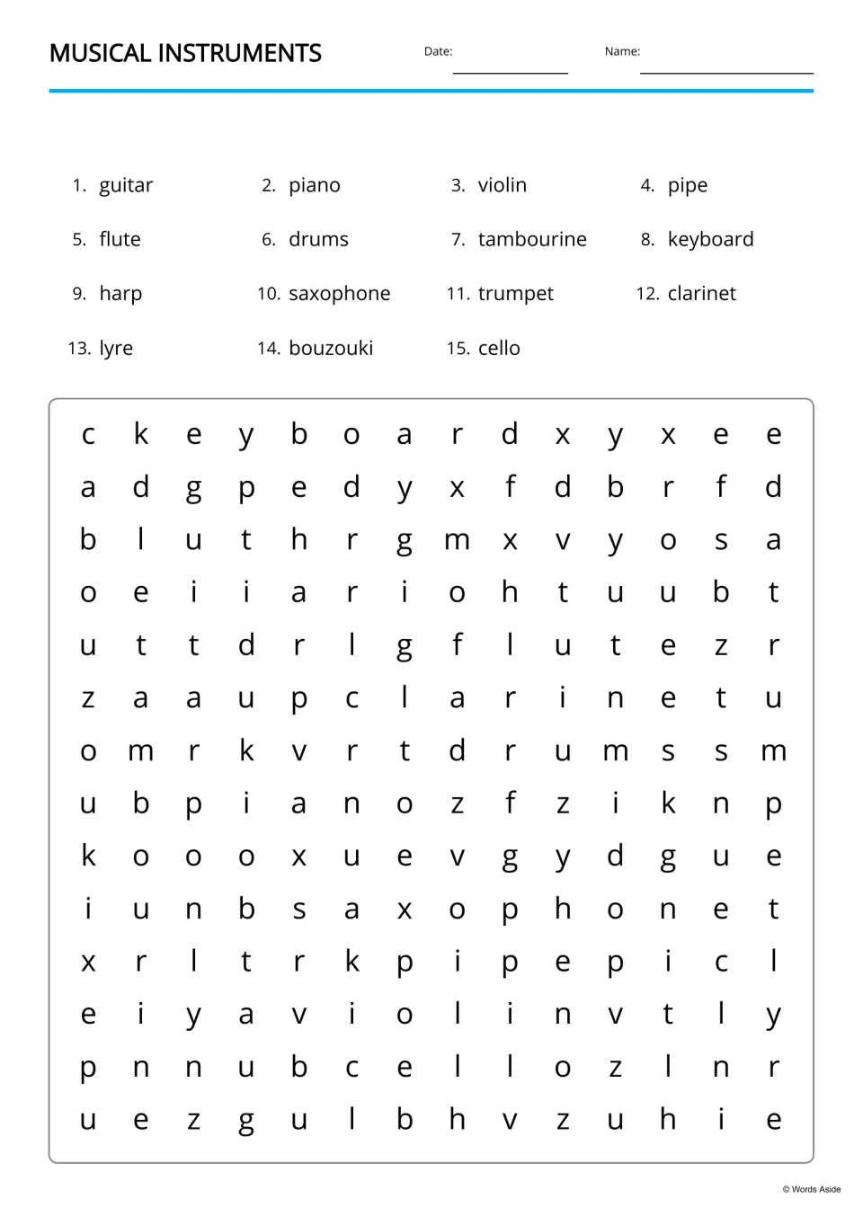 Musical instruments word search: students find 15 hidden names, including tambourine, keyboard and bouzouki