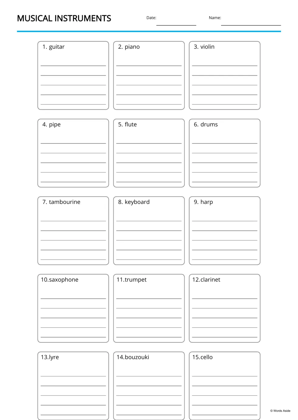 Writing practice: under each of 15 instrument names, guitar through cello, students write the word or a sentence about it