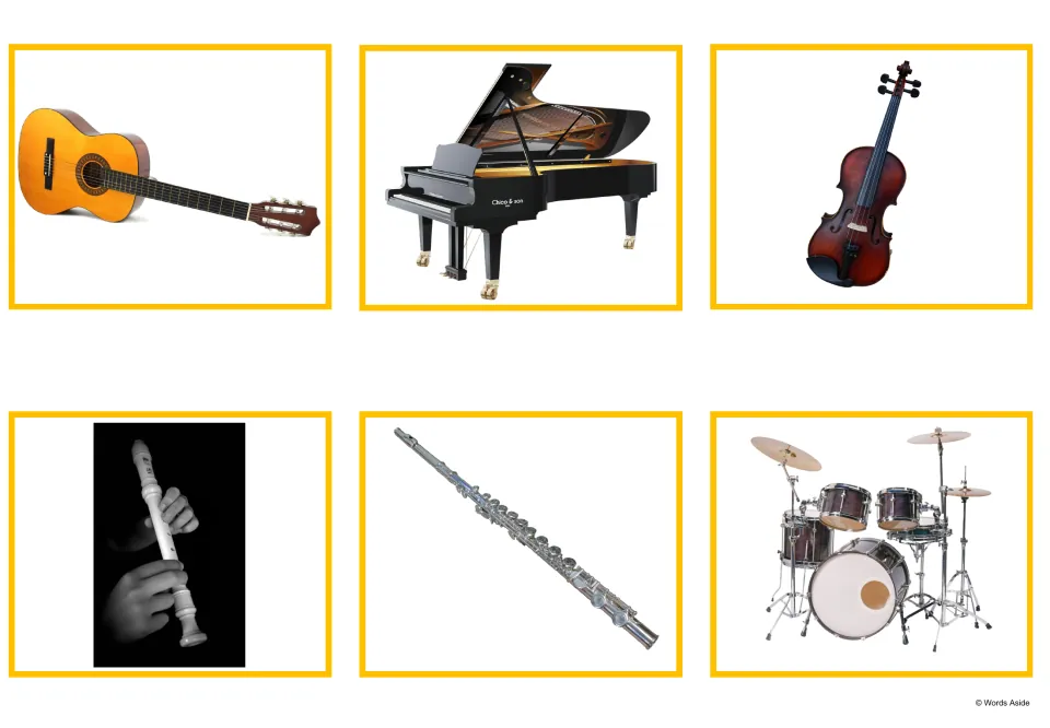 Picture cards: photos of a guitar, grand piano, violin, recorder pipe, flute and drum kit for matching to names