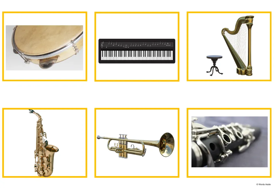 Instrument photo cards: tambourine, keyboard, harp beside a stool, saxophone, trumpet and a clarinet close-up