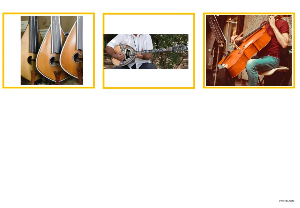 Last three cards: pear-shaped lyres, a player strumming a bouzouki and a seated musician bowing a cello