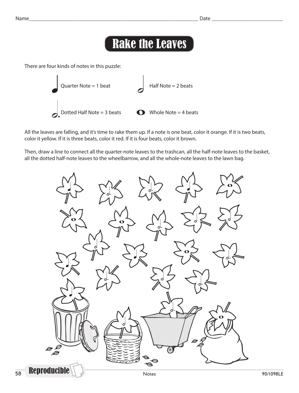 Rake the Leaves: students color leaves by note value (1 to 4 beats) and link each to a trashcan, basket, wheelbarrow or bag