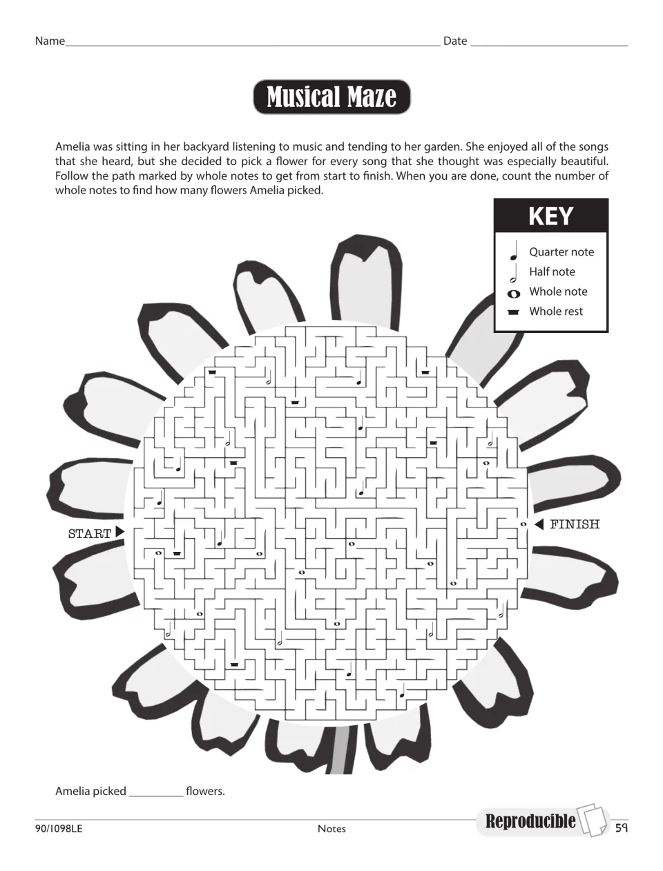 Musical Maze: students follow whole notes through a flower maze and count them to find how many flowers Amelia picked