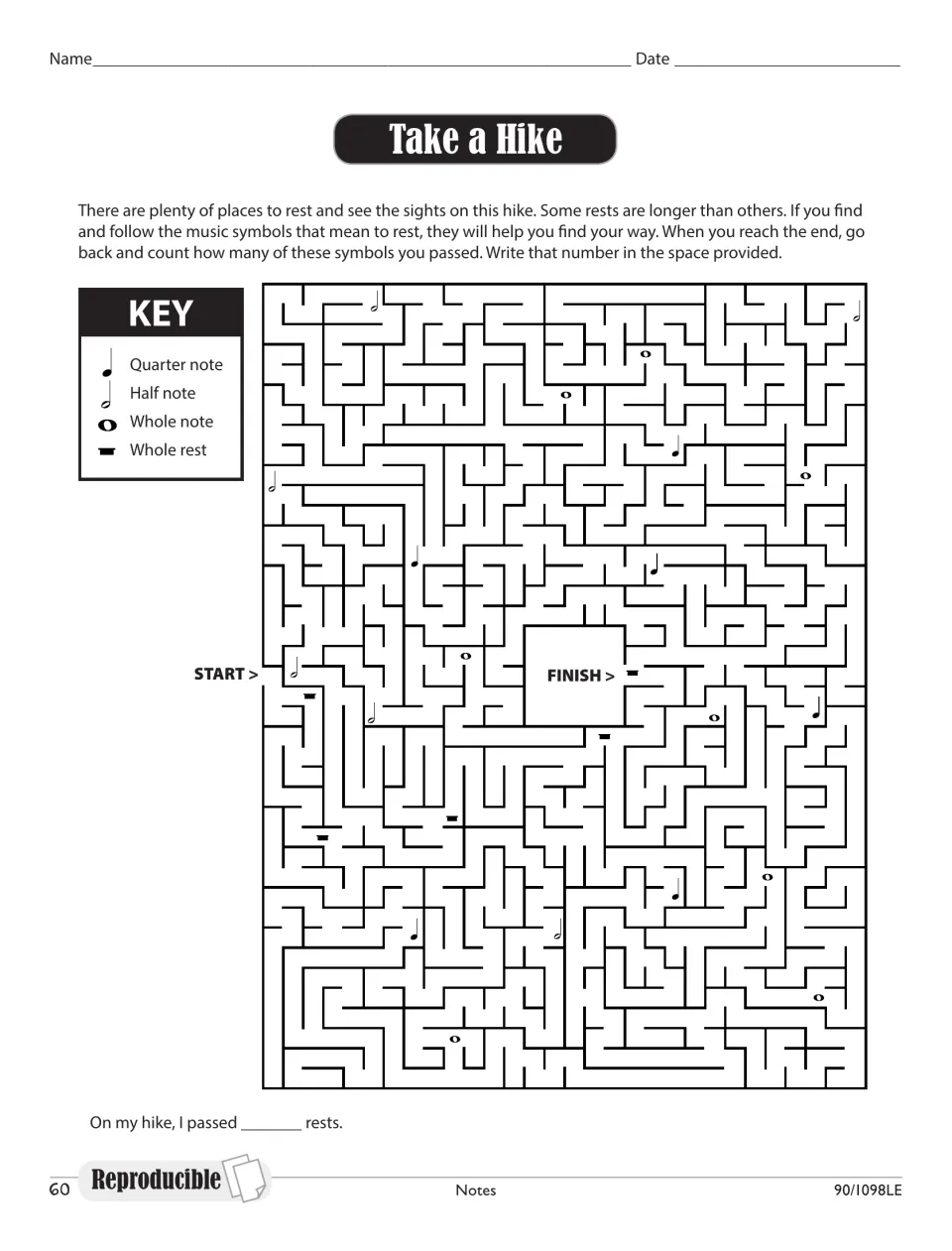 Take a Hike: students follow the rest symbols through a maze from start to finish and record how many rests they passed