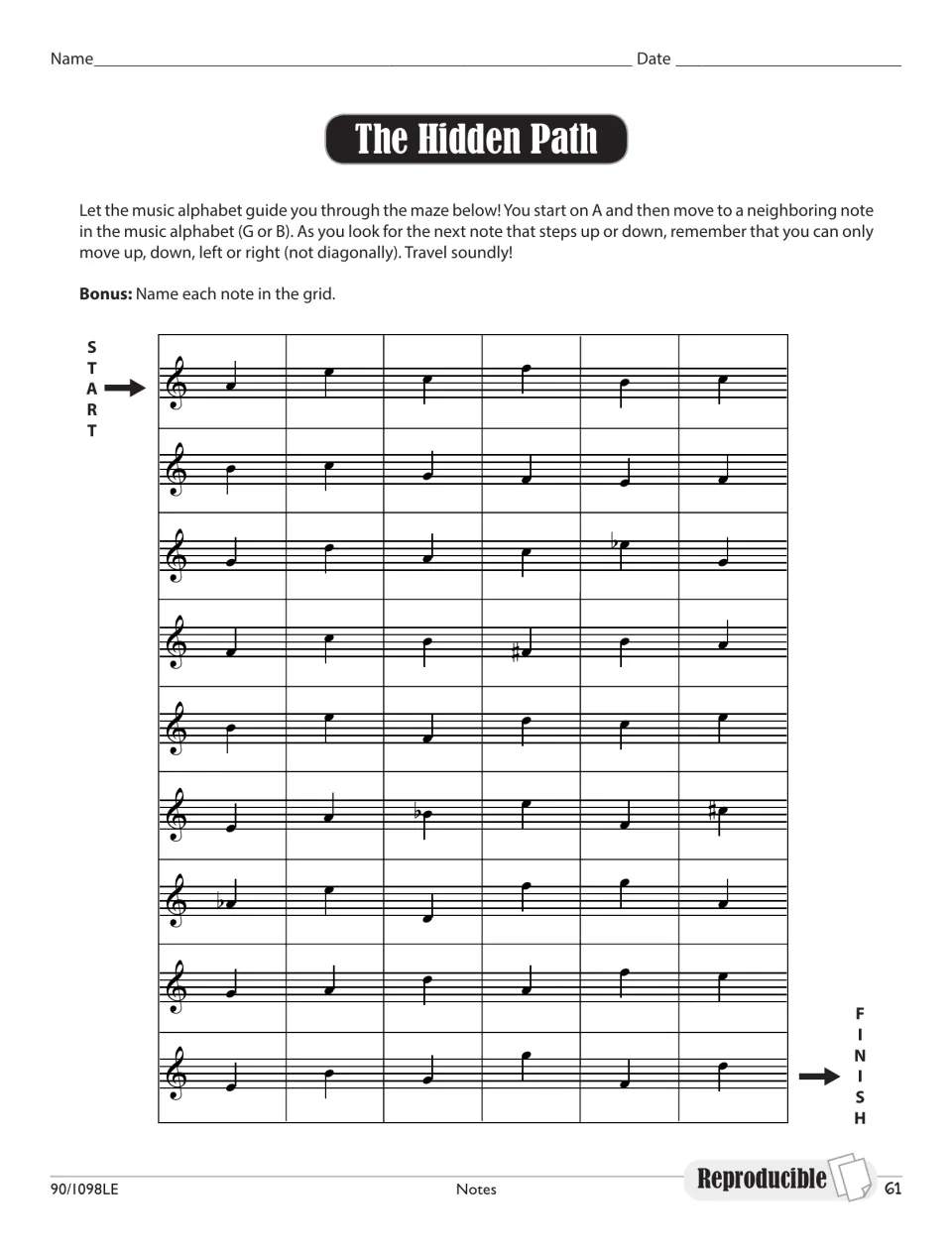 The Hidden Path: starting on A, students step through treble-clef notes in music-alphabet order; bonus: name each note