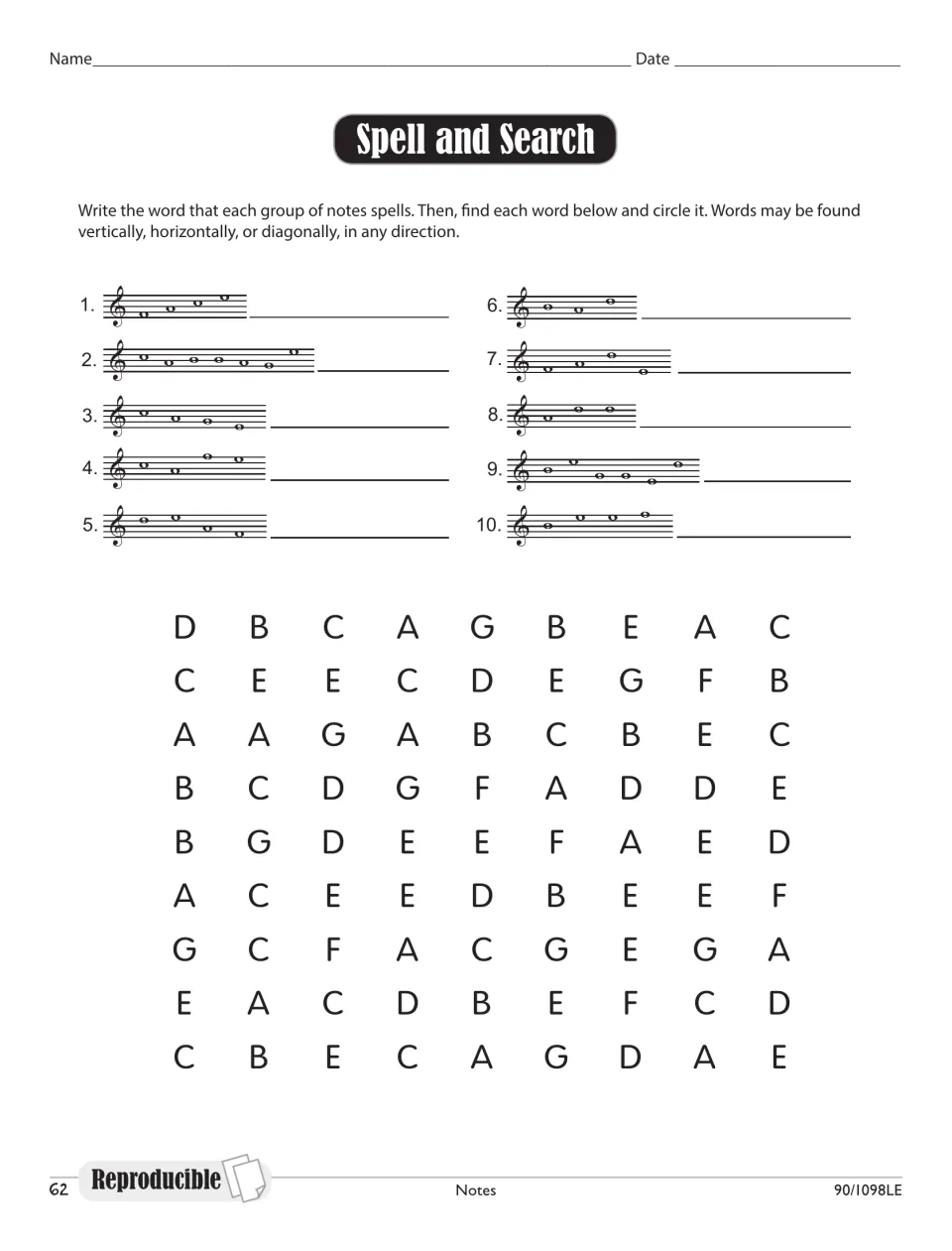 Spell and Search: students name notes in 10 treble-staff groups to spell words, then circle each word in a letter search