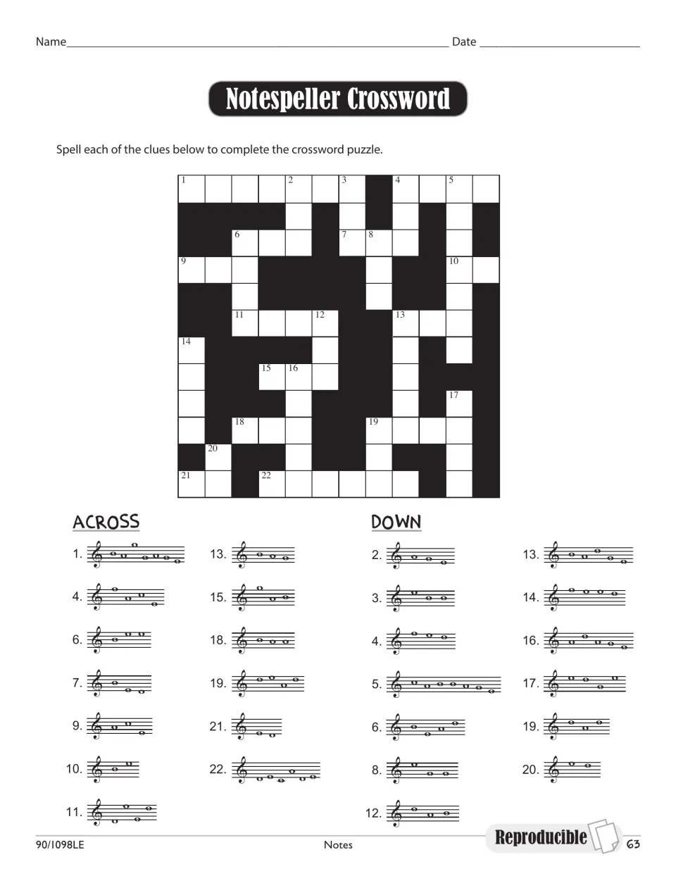 Notespeller Crossword: students read the treble-staff note clues to spell words and fill in the Across and Down answers