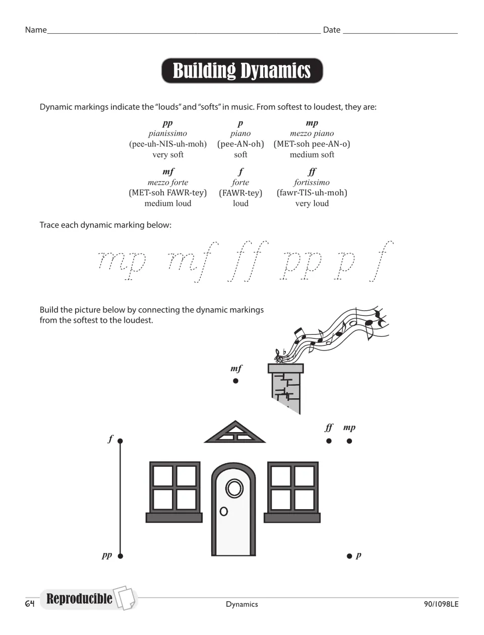 Building Dynamics: students trace pp to ff markings, then connect dots from softest to loudest to complete a house picture