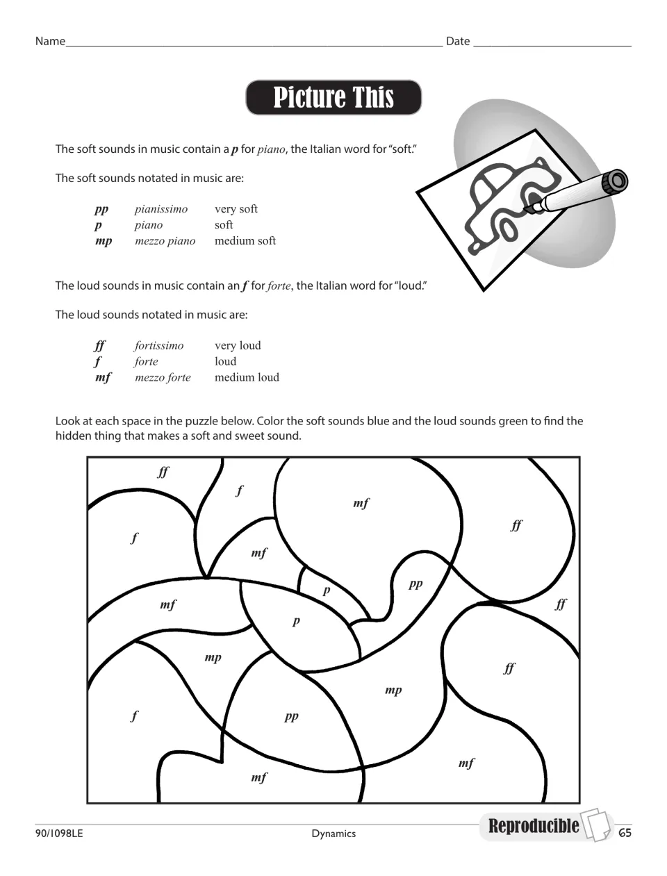 Picture This: students sort pp to ff markings, coloring soft spaces blue and loud spaces green to reveal a hidden picture