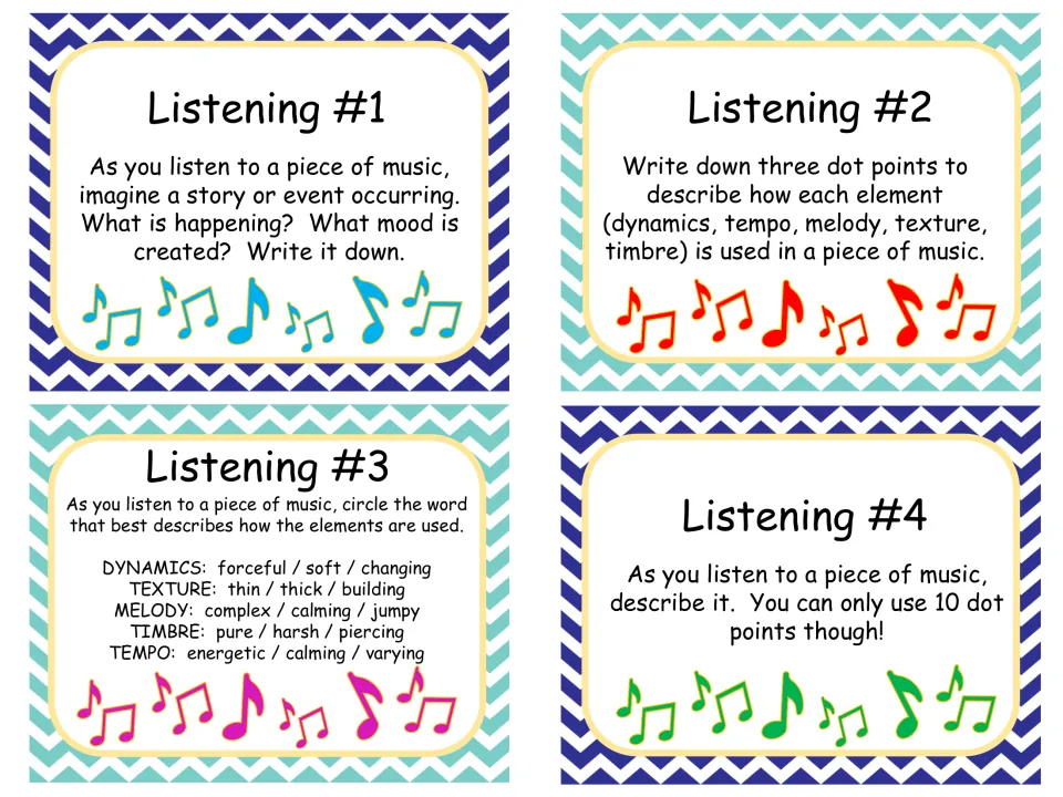 Listening cards 1-4: students imagine a story, describe dynamics, tempo, melody, texture and timbre, and circle words