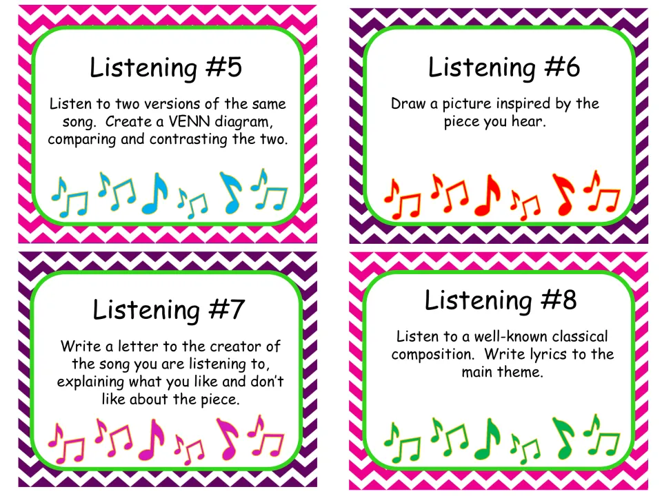 Listening cards 5-8: compare two song versions in a Venn diagram, draw the music, write to its creator, write lyrics