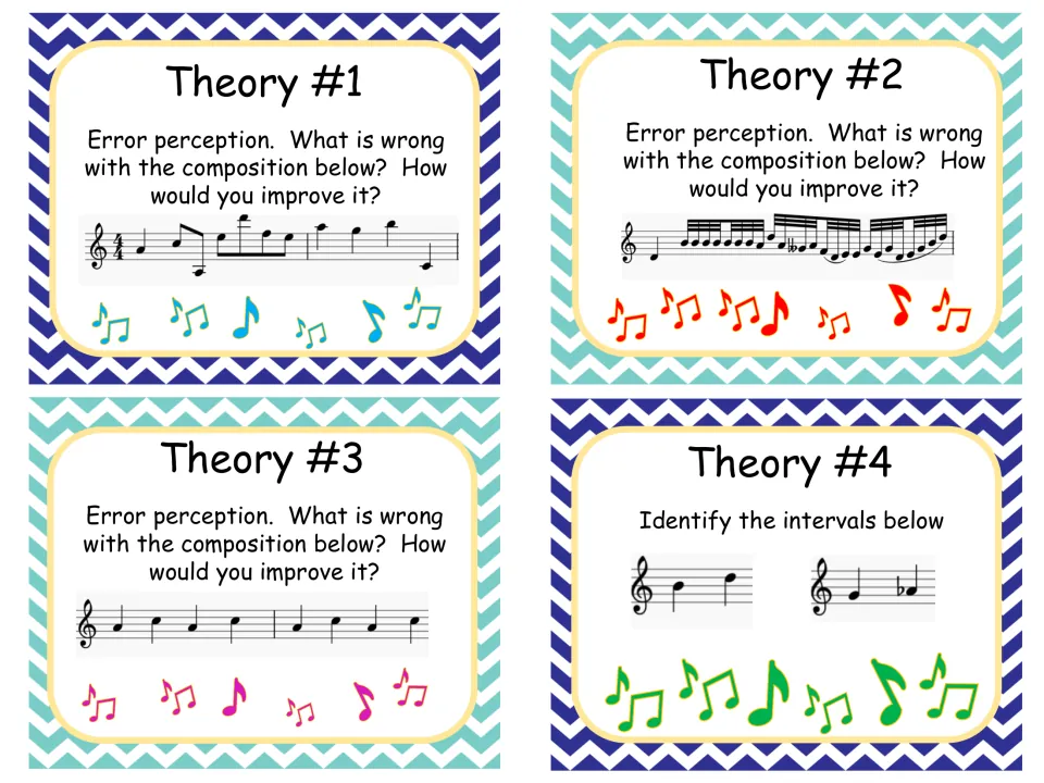 Theory cards 1-4: error perception, students find and fix mistakes in three staff melodies, then identify two intervals